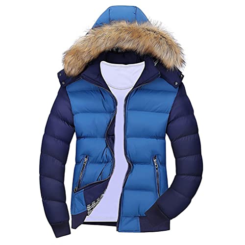 ORANDESIGNE Winterjacke Herren Parka Kurz Daunenjacke Leicht con Pelz Kapuze Lange Ärmel Stehkragen Farbblock Warm Steppmantel Outdoor Puffer Mantel A Blau XL von ORANDESIGNE