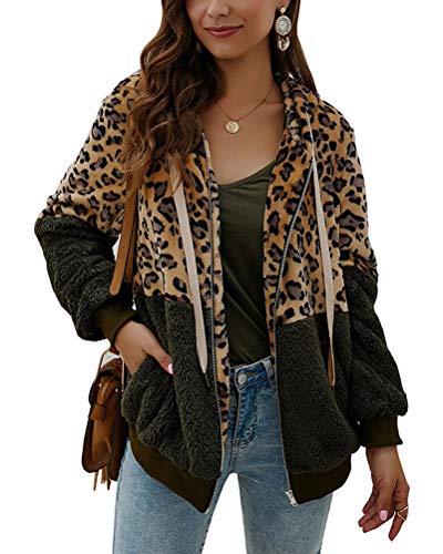 ORANDESIGNE Winterjacke mit Kapuze Damen Mode Leopard Patchwork Plüschjacke Flauschig Mantel Warm Kapuzenjacke Parka Reißverschluss Plüsch Top mit Taschen C Armeegrün 42 von ORANDESIGNE