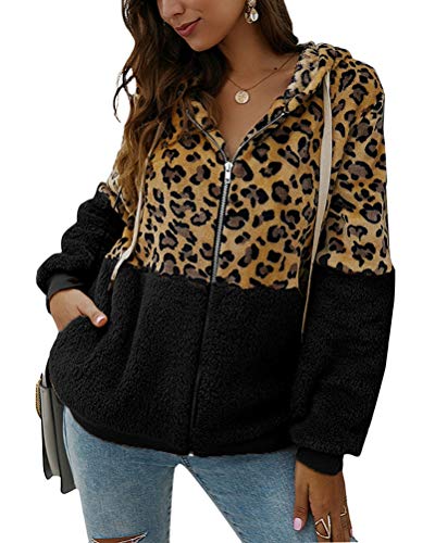 ORANDESIGNE Winterjacke mit Kapuze Damen Mode Leopard Patchwork Plüschjacke Flauschig Mantel Warm Kapuzenjacke Parka Reißverschluss Plüsch Top mit Taschen C Schwarz 38 von ORANDESIGNE