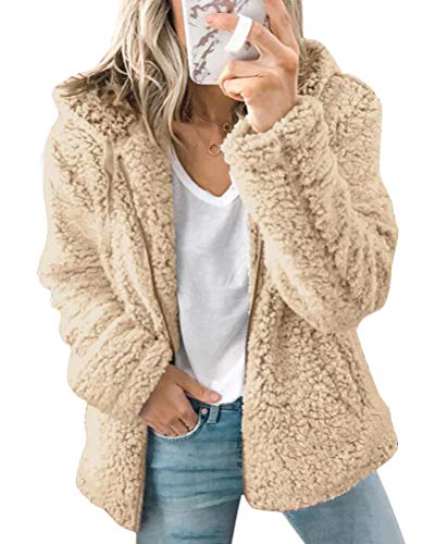 ORANDESIGNE Winterjacke mit Kapuzen Damen Chic Einfarbig Plüschjacke Flauschig Mantel Warm Kapuzenjacke Parka Reißverschluss Plüsch Übergangsjacke A Aprikose 46 von ORANDESIGNE