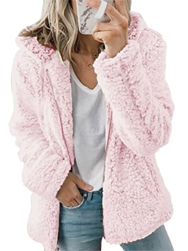 ORANDESIGNE Winterjacke mit Kapuzen Damen Chic Einfarbig Plüschjacke Flauschig Mantel Warm Kapuzenjacke Parka Reißverschluss Plüsch Übergangsjacke A Rosa 34 von ORANDESIGNE