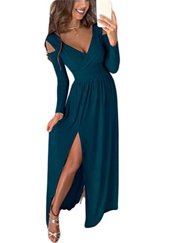 ORANDESIGNE Winterkleid Damen Elegant Langarm Abendkleid Maxi Cocktailkleid V-Ausschnitt Schlitz Kleid Lang Casual Maxikleid Hohe Taille Sexy Abschlusskleid Trägerlose Kleider A Grün M von ORANDESIGNE