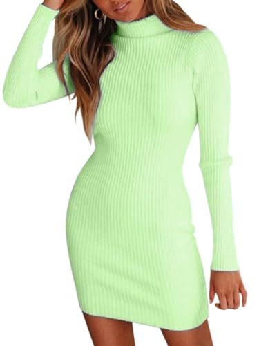 ORANDESIGNE Winterkleid Damen Langarm Festlich Kleid Winter Wickelkleid Elegant Kurz Bodycon Minikleid Rollkragen Basic Eng Kleid Elastisch Pulloverkleid Strickkleid Sweater Dress Grün XL von ORANDESIGNE