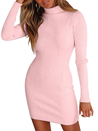 ORANDESIGNE Winterkleid Damen Langarm Festlich Kleid Winter Wickelkleid Elegant Kurz Bodycon Minikleid Rollkragen Basic Eng Kleid Elastisch Pulloverkleid Strickkleid Sweater Dress Rosa S von ORANDESIGNE