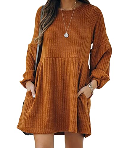 ORANDESIGNE Winterkleid Damen Langarm Ribbed Festlich Kleid Winter Warm Strickkleid Elegant Pulloverkleid Eng Kurz Minikleid Wickelkleid Strickkleider Geripptes Kleider mit Tasche Braun S von ORANDESIGNE