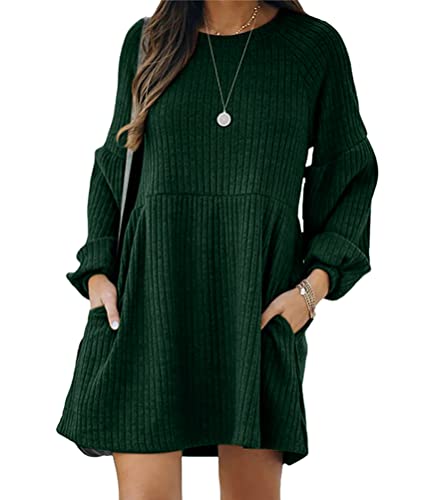 ORANDESIGNE Winterkleid Damen Langarm Ribbed Festlich Kleid Winter Warm Strickkleid Elegant Pulloverkleid Eng Kurz Minikleid Wickelkleid Strickkleider Geripptes Kleider mit Tasche Grün M von ORANDESIGNE