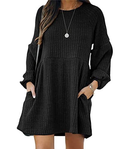 ORANDESIGNE Winterkleid Damen Langarm Ribbed Festlich Kleid Winter Warm Strickkleid Elegant Pulloverkleid Eng Kurz Minikleid Wickelkleid Strickkleider Geripptes Kleider mit Tasche Schwarz M von ORANDESIGNE