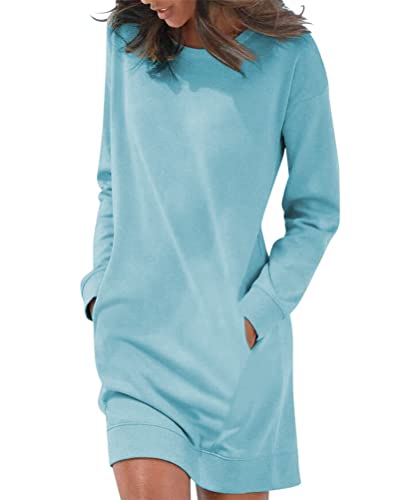 ORANDESIGNE Winterkleid Damen Langarm Warm Midi Pulloverkleid Winter Pullikleid Knielang Casual Tunika Kleid Herbst Festlich Crewneck Sweatkleid Elegant Freizeitkleid Sweat Hellblau XXL von ORANDESIGNE