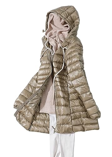 ORANDESIGNE Wintermantel Damen Lang Warm Steppmantel Daunenmantel Gefüttert Elegant Steppjacke Winterjacke Warm Mantel Übergangsmantel mit Kapuze und Taschen für Herbst Winter B Helles Khaki 3XL von ORANDESIGNE