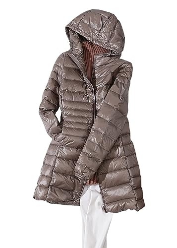 ORANDESIGNE Wintermantel Damen Lang Warm Steppmantel Daunenmantel Gefüttert Elegant Steppjacke Winterjacke Warm Mantel Übergangsmantel mit Kapuze und Taschen für Herbst Winter B Khaki 3XL von ORANDESIGNE