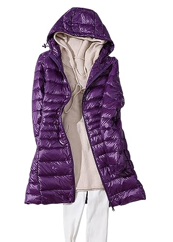 ORANDESIGNE Wintermantel Damen Lang Warm Steppmantel Daunenmantel Gefüttert Elegant Steppjacke Winterjacke Warm Mantel Übergangsmantel mit Kapuze und Taschen für Herbst Winter B Violett M von ORANDESIGNE