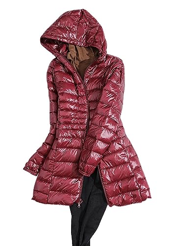 ORANDESIGNE Wintermantel Damen Lang Warm Steppmantel Daunenmantel Gefüttert Elegant Steppjacke Winterjacke Warm Mantel Übergangsmantel mit Kapuze und Taschen für Herbst Winter B Weinrot 3XL von ORANDESIGNE