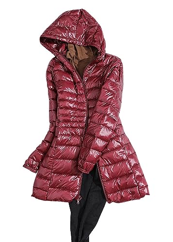 ORANDESIGNE Wintermantel Damen Lang Warm Steppmantel Daunenmantel Gefüttert Elegant Steppjacke Winterjacke Warm Mantel Übergangsmantel mit Kapuze und Taschen für Herbst Winter B Weinrot M von ORANDESIGNE