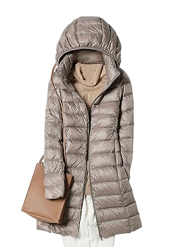 ORANDESIGNE Wintermantel Damen Lang Warm Steppmantel Daunenmantel Gefüttert Elegant Steppjacke Winterjacke Warm Mantel Übergangsmantel mit Kapuze und Taschen für Herbst Winter C Khaki S von ORANDESIGNE