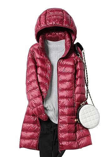 ORANDESIGNE Wintermantel Damen Lang Warm Steppmantel Daunenmantel Gefüttert Elegant Steppjacke Winterjacke Warm Mantel Übergangsmantel mit Kapuze und Taschen für Herbst Winter C Weinrot S von ORANDESIGNE