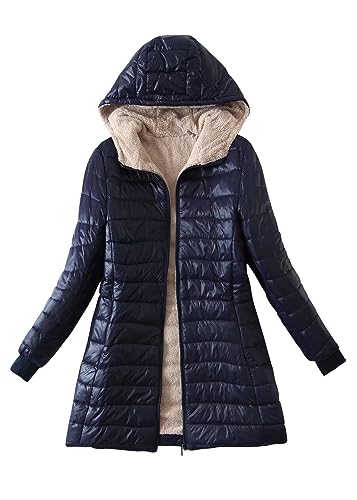 ORANDESIGNE Wintermantel Damen Lang Warm Steppmantel Daunenmantel Gefüttert Elegant Steppjacke Winterjacke Warm Mantel Übergangsmantel mit Kapuze und Taschen für Herbst Winter D Marine L von ORANDESIGNE
