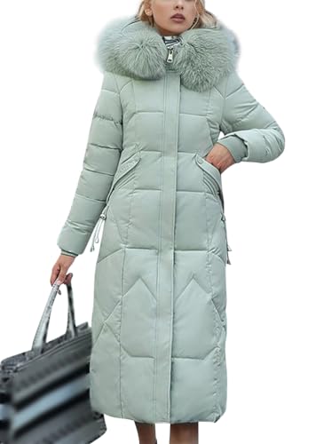 ORANDESIGNE Wintermantel Damen Lang Warm Steppmantel mit Fellkapuze Daunenmantel Elegant Steppjacke Winterjacke Daunenjacke Lang Mantel Winter Warm Winddicht Jacke Outdoorjacke A Grün XS von ORANDESIGNE
