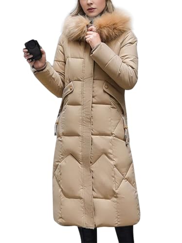 ORANDESIGNE Wintermantel Damen Lang Warm Steppmantel mit Fellkapuze Daunenmantel Elegant Steppjacke Winterjacke Daunenjacke Lang Mantel Winter Warm Winddicht Jacke Outdoorjacke A Khaki M von ORANDESIGNE