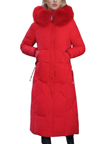 ORANDESIGNE Wintermantel Damen Lang Warm Steppmantel mit Fellkapuze Daunenmantel Elegant Steppjacke Winterjacke Daunenjacke Lang Mantel Winter Warm Winddicht Jacke Outdoorjacke A Rot M von ORANDESIGNE