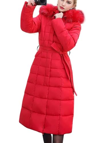 ORANDESIGNE Wintermantel Damen Lang Warm Steppmantel mit Fellkapuze Daunenmantel Elegant Steppjacke Winterjacke Daunenjacke Lang Mantel Winter Warm Winddicht Jacke Outdoorjacke B Rot XXL von ORANDESIGNE
