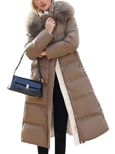 ORANDESIGNE Wintermantel Damen Lang Warm Steppmantel mit Fellkapuze Daunenmantel Elegant Steppjacke Winterjacke Daunenjacke Lang Mantel Winter Warm Winddicht Jacke Outdoorjacke C Kaffee 01 XXL von ORANDESIGNE
