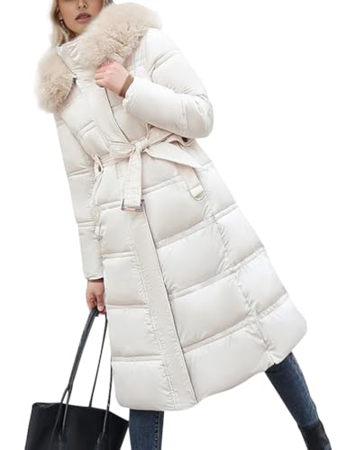 ORANDESIGNE Wintermantel Damen Lang Warm Steppmantel mit Fellkapuze Daunenmantel Elegant Steppjacke Winterjacke Daunenjacke Lang Mantel Winter Warm Winddicht Jacke Outdoorjacke C Weiß 02 XS von ORANDESIGNE