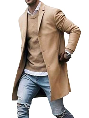 ORANDESIGNE Wollmantel Herren Lang Winter Wintermantel Mantel Slim Fit Elegant Business Trenchcoat Jacke Reverskragen Business Parka Übergangsjacke Mantel mit Taschen Wolljacke Blazer F Khaki S von ORANDESIGNE