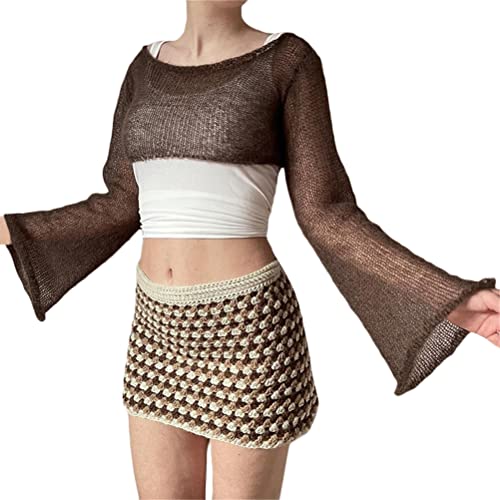 ORANDESIGNE Womens Y2K Long Sleeve Crop Tops Crochet Color Block Hollow Out Cover Up Shirt Square Neck Knit Top 90S Streetwear D Braun L von ORANDESIGNE