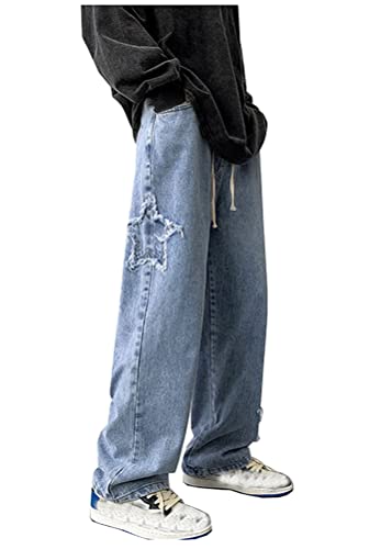 ORANDESIGNE X Blau Hip Hop Jeans Herren Baggy Jeans Straight Leg Gewaschen Jeanshose Casual Denim Hosen Vintage Bedruckte Jeans Teenager Jungen Skateboard Hose Streetwear S von ORANDESIGNE