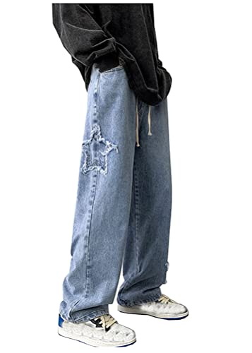 ORANDESIGNE X Blau Hip Hop Jeans Herren Baggy Jeans Straight Leg Gewaschen Jeanshose Casual Denim Hosen Vintage Bedruckte Jeans Teenager Jungen Skateboard Hose Streetwear XXL von ORANDESIGNE