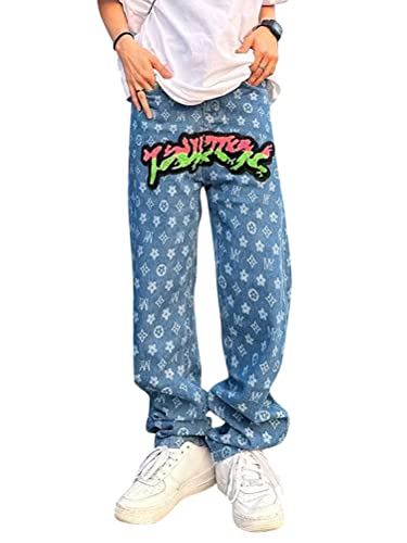 ORANDESIGNE Y2K Jeans für Herren Mode Männer Schwarz Koreanische Streetwear Buchstaben Druck Niedriger Anstieg Baggy Jeans-Hose Gerade Hip Hop Denim Hosen Weites Bein Cargo Jeans K Blau M von ORANDESIGNE