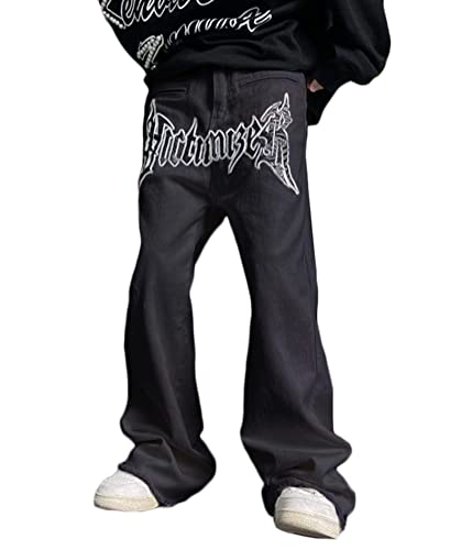 ORANDESIGNE Y2K Jeans für Herren Mode Männer Schwarz Koreanische Streetwear Buchstaben Druck Niedriger Anstieg Baggy Jeans-Hose Gerade Hip Hop Denim Hosen Weites Bein Cargo Jeans M Schwarz S von ORANDESIGNE