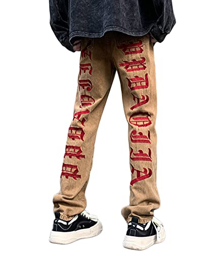 ORANDESIGNE Y2K Jeans für Herren Mode Männer Schwarz Koreanische Streetwear Buchstaben Druck Niedriger Anstieg Baggy Jeans-Hose Gerade Hip Hop Denim Hosen Weites Bein Cargo Jeans Z6 Khaki XXL von ORANDESIGNE