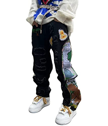 ORANDESIGNE Y2K Jeans für Herren Mode Männer Schwarz Koreanische Streetwear Buchstaben Druck Niedriger Anstieg Baggy Jeans-Hose Gerade Hip Hop Denim Hosen Weites Bein Cargo Jeans Z8 Schwarz M von ORANDESIGNE
