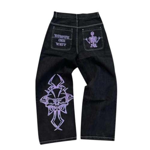 ORANDESIGNE Y2k Jeans Herren Hip Hop Retro Schädel Stickerei Gewaschen Baggy Denim Hose Lässig Lose Weites Bein Hose Streetwear A Violett L von ORANDESIGNE