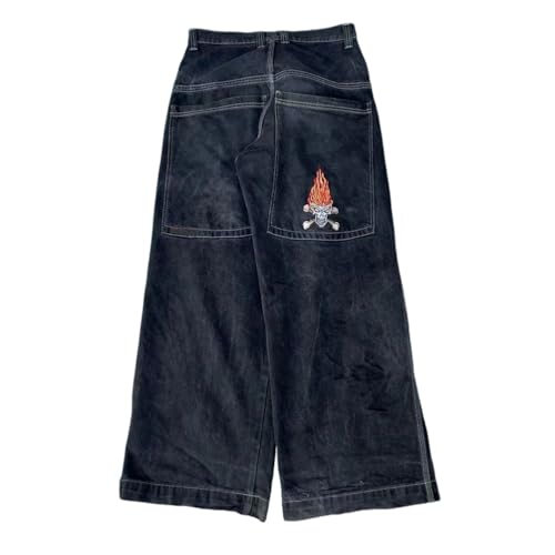 ORANDESIGNE Y2k Jeans Herren Hip Hop Retro Schädel Stickerei Gewaschen Baggy Denim Hose Lässig Lose Weites Bein Hose Streetwear L F Schwarz von ORANDESIGNE