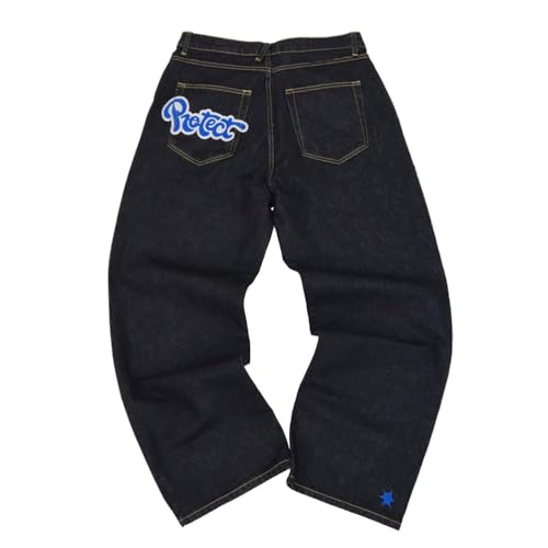 ORANDESIGNE Y2k Jeans Herren Hip Hop Retro Schädel Stickerei Gewaschen Baggy Denim Hose Lässig Lose Weites Bein Hose Streetwear O Blau XXL von ORANDESIGNE