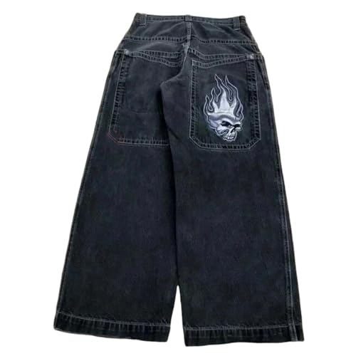 ORANDESIGNE Y2k Jeans Herren Hip Hop Retro Schädel Stickerei Gewaschen Baggy Denim Hose Lässig Lose Weites Bein Hose Streetwear W Schwarz XS von ORANDESIGNE