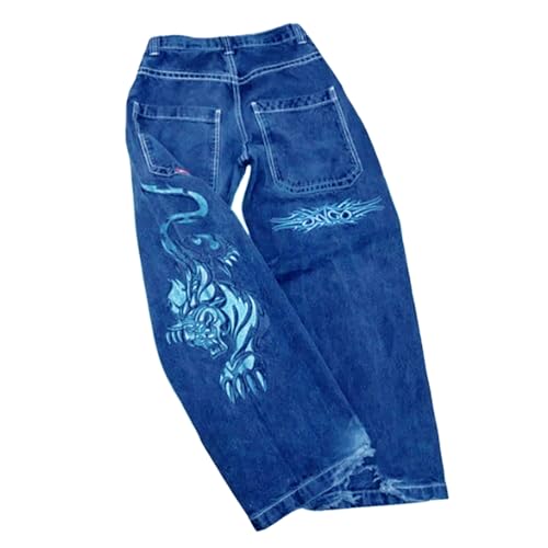 ORANDESIGNE Y2k Jeans Herren Hip Hop Retro Schädel Stickerei Gewaschen Baggy Denim Hose Lässig Lose Weites Bein Hose Streetwear Z02 Blau S von ORANDESIGNE