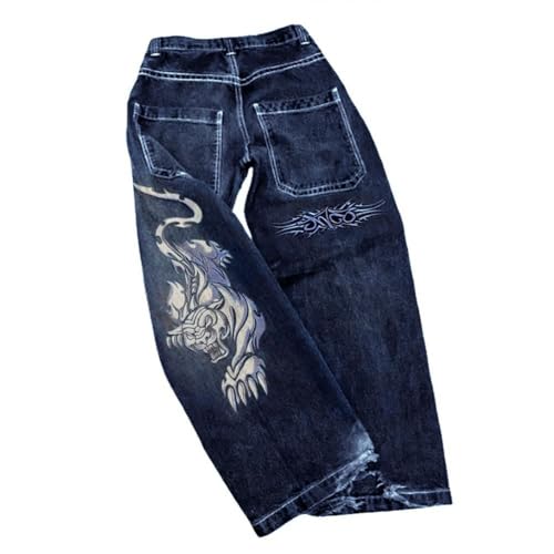 ORANDESIGNE Y2k Jeans Herren Hip Hop Retro Schädel Stickerei Gewaschen Baggy Denim Hose Lässig Lose Weites Bein Hose Streetwear Z02 Blau XL von ORANDESIGNE