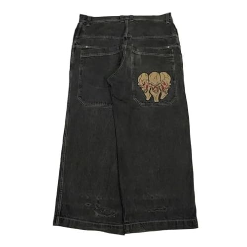 ORANDESIGNE Y2k Jeans Herren Hip Hop Retro Schädel Stickerei Gewaschen Baggy Denim Hose Lässig Lose Weites Bein Hose Streetwear Z05 Schwarz XXL von ORANDESIGNE