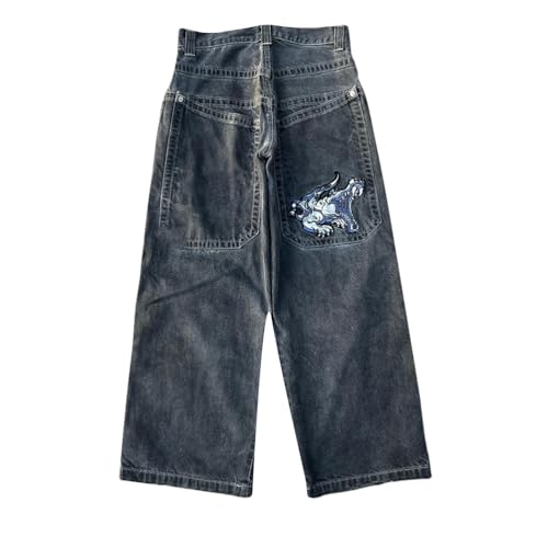 ORANDESIGNE Y2k Jeans I Schwarz Herren Hip Hop Retro Schädel Stickerei Gewaschen Baggy Denim Hose Lässig Lose Weites Bein Hose Streetwear XL von ORANDESIGNE