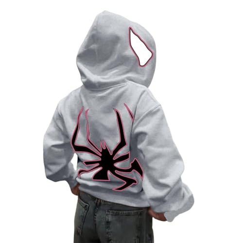 ORANDESIGNE Y2k Zip Up Hoodie Spider Grunge Vintage Gothic Kapuzenjacke Halloween Hunny Zip Hoodie Herren Y2k Crop Top 90er Jahre Vintage Zip Up Hoodies College Jacke Oversized Sweatshirt A Grau L von ORANDESIGNE