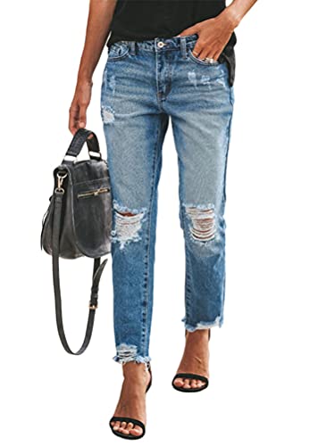ORANDESIGNE Zerrissene Jeans Damen Niedrige Taille Jeans Hosen Freizeit Schlanke Leggings Gerade Hosen Stretch Skinny Jeans Bootcut Denim Hosen Bleistift Hosen mit Löchern F Blau S von ORANDESIGNE