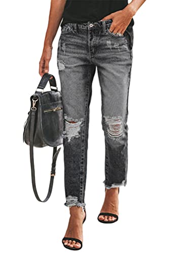 ORANDESIGNE Zerrissene Jeans Damen Niedrige Taille Jeans Hosen Freizeit Schlanke Leggings Gerade Hosen Stretch Skinny Jeans Bootcut Denim Hosen Bleistift Hosen mit Löchern F Schwarz M von ORANDESIGNE