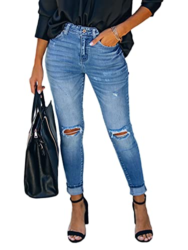 ORANDESIGNE Zerrissene Jeans Damen Niedrige Taille Jeans Hosen Freizeit Schlanke Leggings Gerade Hosen Stretch Skinny Jeans Bootcut Denim Hosen Bleistift Hosen mit Löchern L Blau L von ORANDESIGNE