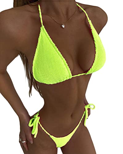 ORANDESIGNE Zweiteiler Badeanzug Damen Sommer Push Up Bandeau Bikini Oberteil und Tunnelzug String Tanga Badehose Set Strandmode Bademode Bauchweg 2 Teiler Einfarbig Neckholder Swimsuit A Gelb XS von ORANDESIGNE