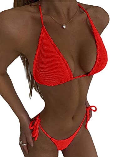 ORANDESIGNE Zweiteiler Badeanzug Damen Sommer Push Up Bandeau Bikini Oberteil und Tunnelzug String Tanga Badehose Set Strandmode Bademode Bauchweg 2 Teiler Einfarbig Neckholder Swimsuit A Rot XS von ORANDESIGNE