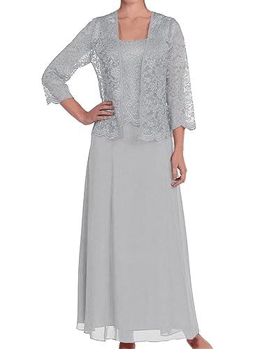 ORANDESIGNE Zweiteiler Damen Elegant Festlich Hochzeit Tüll Spitze Bolero und Abendkleid Maxi Lang Schicke Abendmode Set Outfit 2 Teiler Party Cocktail Abend Kleider Anzug Grau 3XL von ORANDESIGNE