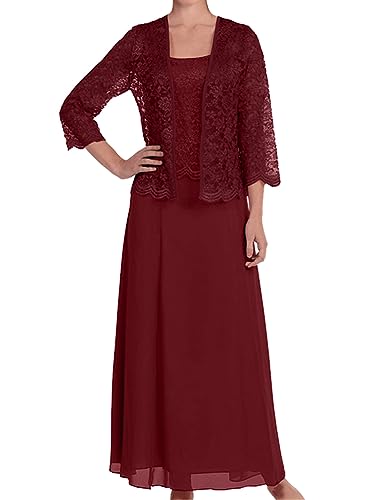 ORANDESIGNE Zweiteiler Damen Elegant Festlich Hochzeit Tüll Spitze Bolero und Abendkleid Maxi Lang Schicke Abendmode Set Outfit 2 Teiler Party Cocktail Mode Kleider Anzug Burgunderrot 3XL von ORANDESIGNE